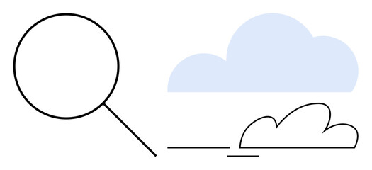 Magnifying glass directed towards soft clouds, evoking exploration, innovation, research, and growth. Ideal for analysis, data storage, digital security curiosity discovery future vision. Simple