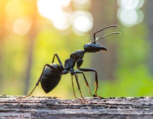 Black ant on a log in sunlight