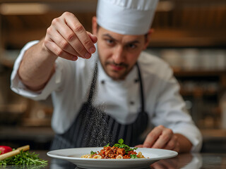Gourmet Culinary Creation: A skilled chef meticulously seasons a delectable dish with a fine sprinkle, preparing a plate, highlighting culinary expertise.