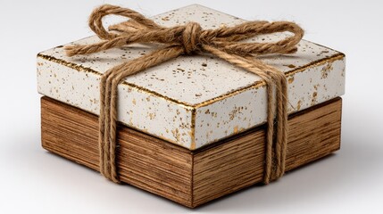 Square gift box, cream-colored top with gold speckles, tied with natural twine