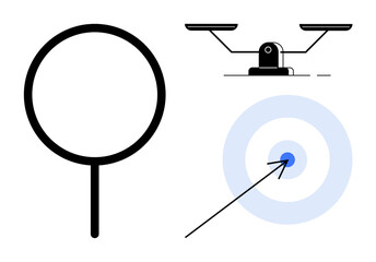 Focus on a target with an arrow, a magnifying glass symbolizing research, and scales for balance. Ideal for analytics, decision-making, precision, justice, goals research focus. A simple flat