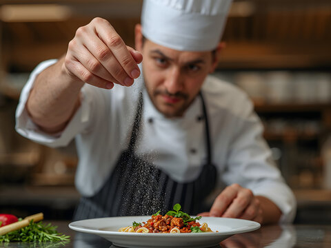 Gourmet Culinary Creation: A skilled chef meticulously seasons a delectable dish with a fine sprinkle, preparing a plate, highlighting culinary expertise.