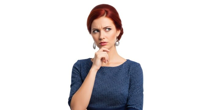Elegant Woman with Auburn Updo Pondering with a Skeptical Sideways Glance.