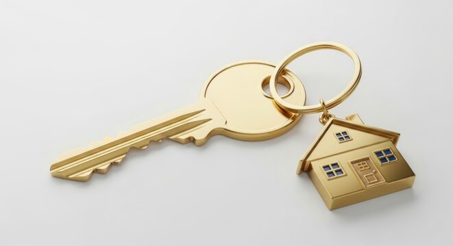 Golden Key to a New Home - Elegant House-Shaped Keychain on a Minimalist White Background.