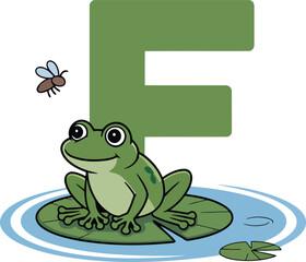 Fototapeta premium Frog on Lily Pad with Letter F Illustration for Children's Alphabet Learning Material Design