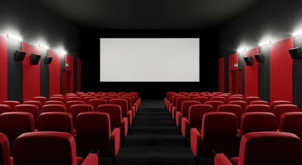Fototapeta premium Cinematic Solitude - Symmetrical View of an Empty Theater with Red Seats and Blank Screen.