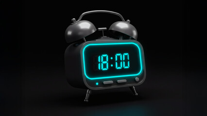 A futuristic alarm clock isolated on a black background. The bright blue numbers on the screen create a striking contrast, making this a powerful and clean image perfect for illustrating time, technol