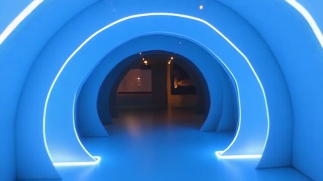 Neon blue bright tunnel.Design.An abstraction that shimmers with different colors and turns over all eighty degrees inside.