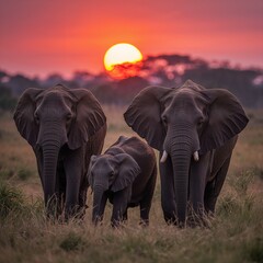Obraz premium elephant, Africa, savanna, sunset, wildlife, nature, animal, family, baby, landscape, wild, travel, safari, dusk, orange, sky, grass, herd, trunk, tusks, mammal, outdoors, environment, conservation