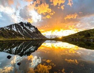Mountain lake sunset reflection