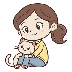 Cheerful Cartoon Girl in Yellow Top Holding a Light Brown Cat with Blue Jeans child