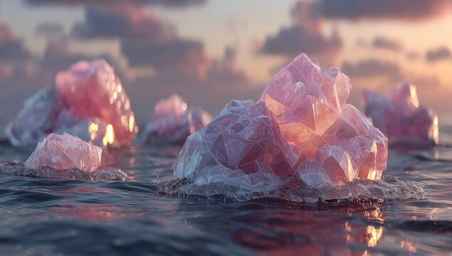 Pink crystals emerge from water at sunset
