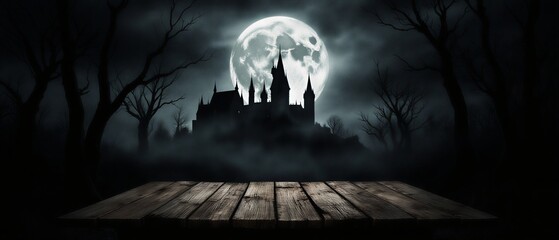 dark and eerie halloween scene with empty wooden table for product display | product display, halloween decor, spooky scene, haunted atmosphere, fall season theme