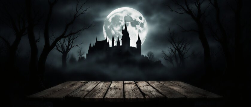 dark and eerie halloween scene with empty wooden table for product display | product display, halloween decor, spooky scene, haunted atmosphere, fall season theme