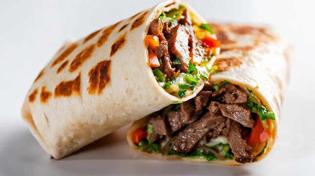 grilled beef steak wrap on white background