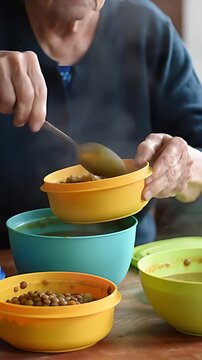 Elderly Hands Carefully Portioning Homemade Meal into Reusable Containers: Extending Food Resources for Several Days