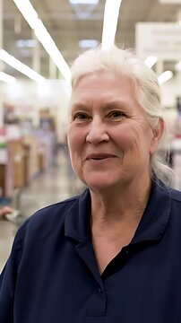 A Warmly Smiling Senior Retail Greeter at a Large Store:  Their amiable demeanor subtly masks the underlying financial pressures of their employment.