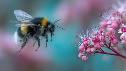 Bumble bee in flight near pink flowers