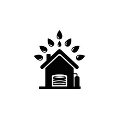 Simple icon of house with rainwater collection, storage tanks, and drops.