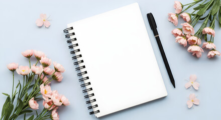 Blank spiral notebook mockup on a blue background with a pen and pink flowers