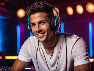 Male DJ performing at nightclub party with neon lights