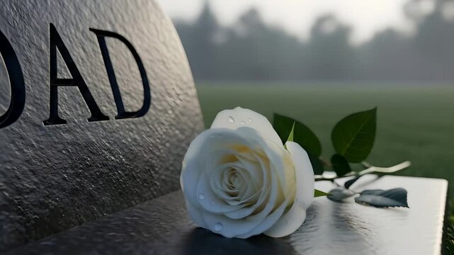 Tombstone engraved "DAD" with white rose, symbolizing remembrance and love, memorial concepts, condolences, loss, grief, bereavement, funeral services, sympathy gifts, and Father's Day tribute.