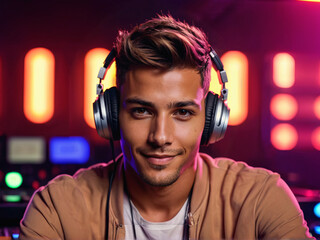 Male DJ performing at nightclub party with neon lights