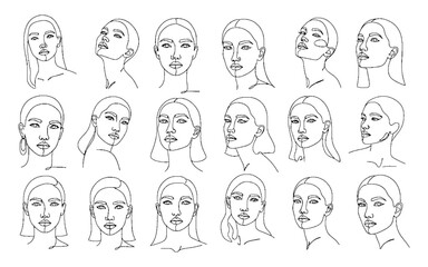 Minimalist Tattoo Design Set of Lineart Woman Face Line Drawing  Black and White Vector Illustration.