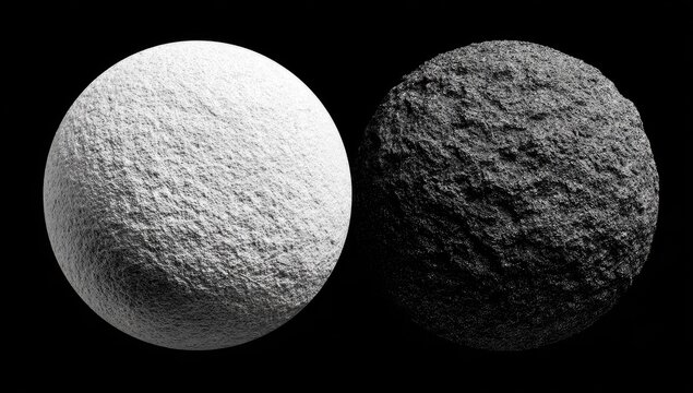 Two contrasting spheres, one light, one dark, textured like planets
