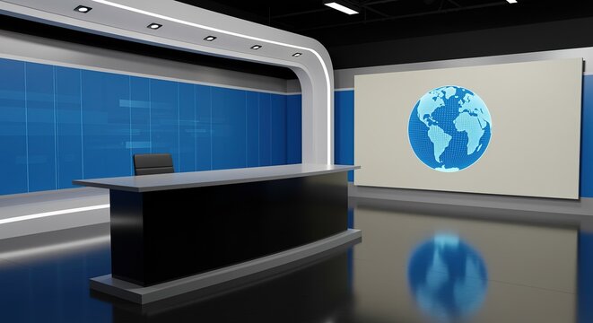 Modern TV News Studio Set Design Global News Background television studio tv set broadcast newsroom virtual background 3d rendering world news