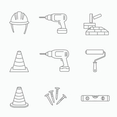 This clean line art icon set showcases essential construction and building tools, ideal for illustrating home improvement, repair, and renovation concepts.