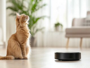 Maine Coon Cat Observing Robot Vacuum on Floor in a Modern Domestic Home