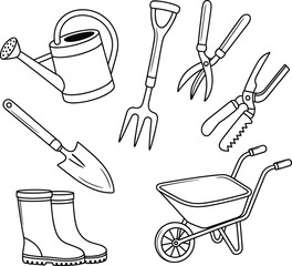 Gardening tools vector illustration, including watering can, garden fork, pruning shears, loppers, trowel, boots, wheelbarrow, isolated on white background, black and white cad drawing style © Ideasy Mind