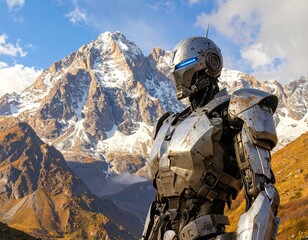 A metallic robot stands amidst a mountain range