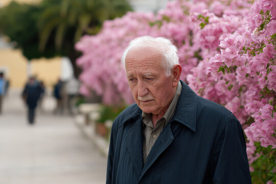 elderly man with his head bowed in silence lost in thought while gazing at distant blooming garden