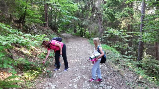 A woman with two children is walking in the forest.Parents and children bonding outdoors, walking on dirt path in forest, authentic family lifestyle.