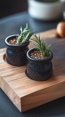 Three Black Spice Jars on ooden Board with Rosemary prigs
