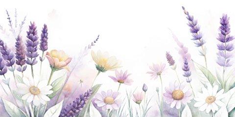 Watercolor painting of lavender and daisies with a soft pastel color palette and black background space created with generated ai
