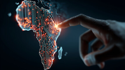 digital map of africa and hand of african scientist - concept of technological growth 
