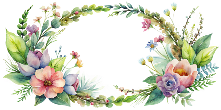 Watercolor floral wreath with pink and purple flowers and green leaves on a transparent background created with generated ai - Powered by Adobe