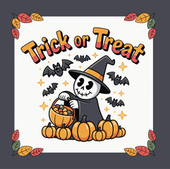Trick or Treat Cartoon Illustration Skeleton with Witch Hat and Candy Halloween 