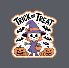 Trick or Treat Cartoon Illustration Skeleton with Witch Hat and Candy Halloween 
