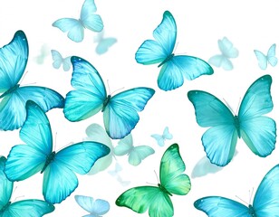 Light blue and green butterflies on white background