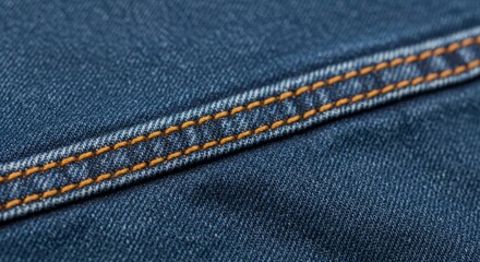 Detailed Macro of a Golden Double-Stitched Seam on Classic Blue Denim Fabric.