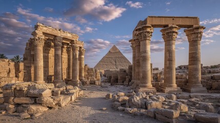 Ancient temple ruins and a pyramid stand against a dramatic sky, showcasing the enduring legacy of a bygone era.