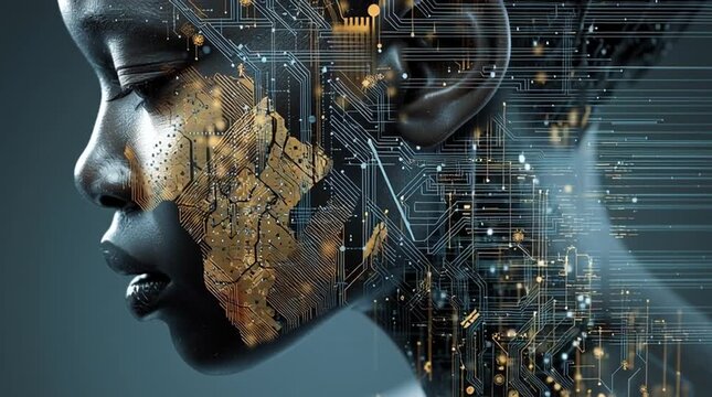 digital map of africa and african woman - concept of technological growth	