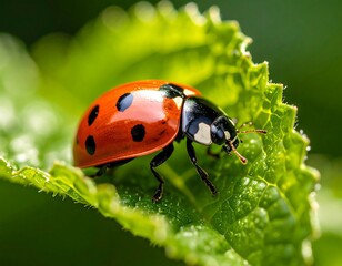 Naklejka premium Ladybug on a vibrant green leaf (1)