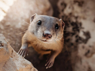 Obraz premium Curious hyrax in natural habitat among rocks and desert landscape