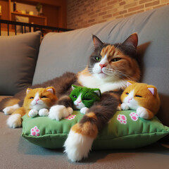 Relaxed calico cat with playful mood lying with toy cats on a green cushion