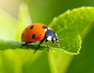 Fototapeta premium Ladybug on a vibrant green leaf (2)